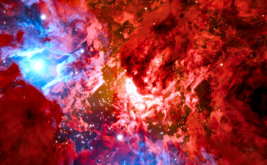 Abstract nebula in space, red glowing gas cloud with a blue shiny star on the horizon. Astronomy, science, astrophysics, stars, planets, galaxy, universe, space travel. 3D Illustration