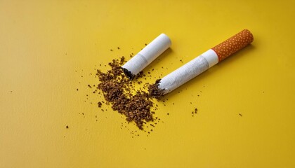 Broken Cigarette with Loose Tobacco Spilled on Vibrant Yellow Background. Concept of Quitting Smoking, Anti Smoking Awareness, Addiction Challenges, Health Risks, Tobacco Control, and Recovery