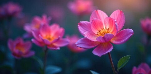 Obraz premium A delicate, glowing neon flower blooming in the midst of a garden, soft pastels, gentle gradient