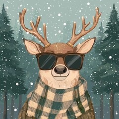 Fototapeta premium Festive Deer Wears Sunglasses and a Cozy Scarf While Surrounded by Falling Snow in a Wintry Forest Landscape During the Holiday Season