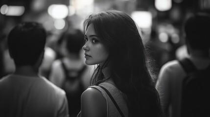 Black and white portrait of a young woman in an urban setting