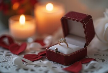 Engagement ring in red box with roses and glowing candles.