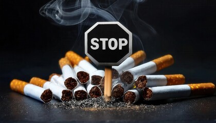Crushed Cigarettes, Ash, and Rising Smoke with Bold STOP Sign Symbolizing Anti Smoking Campaign, Addiction Awareness, and Health Concept for Quit Smoking Motivation and Tobacco Free Life