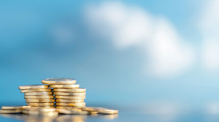 Stack of gold coins with a blurred sky background.