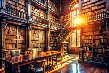 Panoramic Vintage Library: Classic Bookshelf, Old Books, Dusty Shelves, Antique Architecture,  Reading Room,  Literary Atmosphere, Aged Paper,  Research, Knowledge, Wisdom