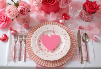  Romantic Valentine's table setting with pink glasses and petals.