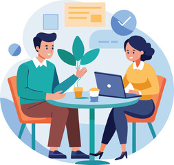 Partners meeting for business discussion with documents and laptop on desk. Couple at round table, speaking, discussing work, partnership. Flat vector on a white background