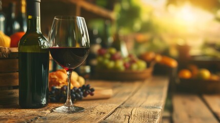 A bottle of red wine and a glass on a rustic wooden table, surrounded by fruits.