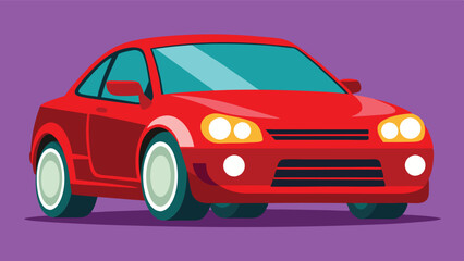 Red compact car with yellow wheels on a bright turquoise background showcases vibrant vector design and playful aesthetics