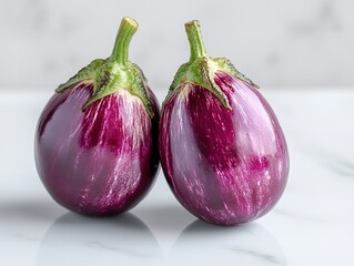 Fresh round eggplants displayed beautifully with green stems on a glossy background.