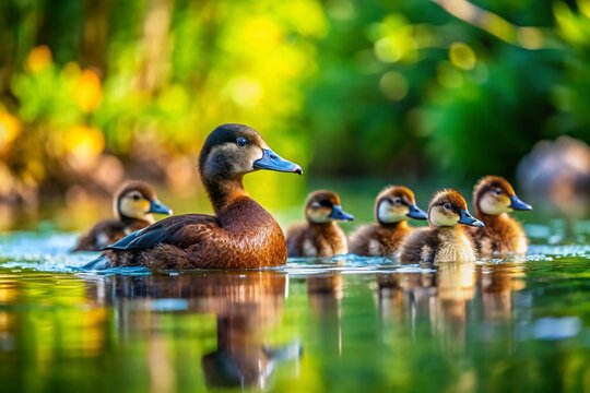 Papango Ducklings Swimming: New Zealand Scaup, Black Teal, River Birds, High Depth of Field Photography