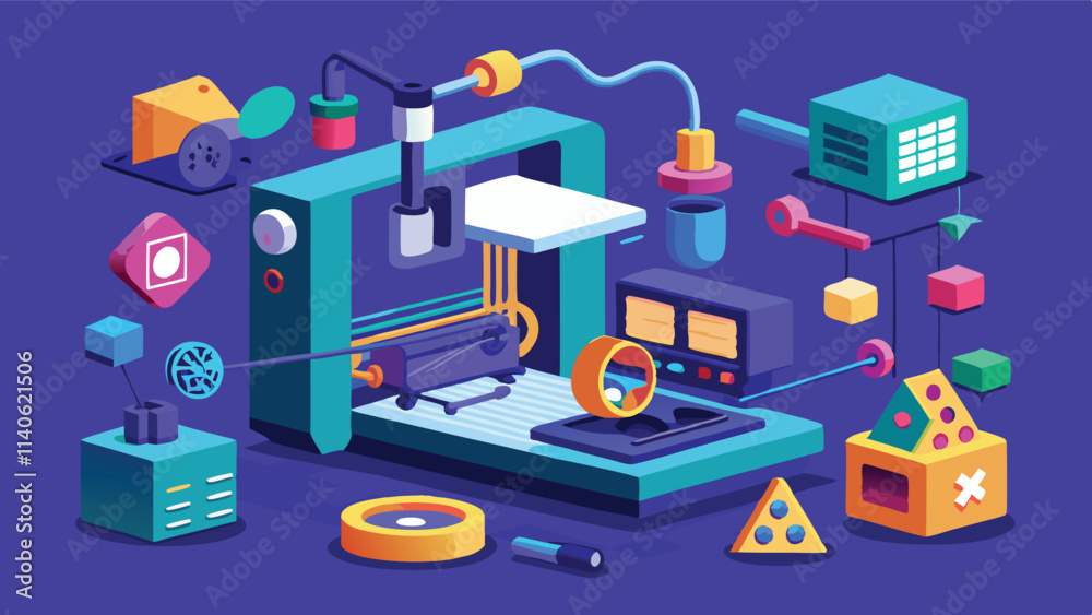 Poster vector illustration showcasing a 3d printer in a creative workspace with colorful tools and material