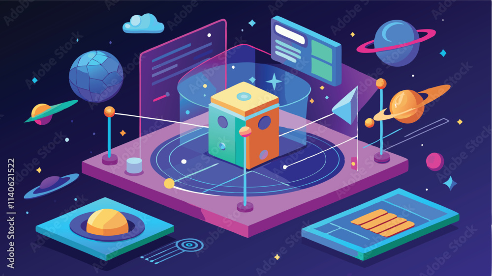 Poster 3D vector illustration depicting an abstract technology environment with geometric shapes and digital elements in a futuristic design style