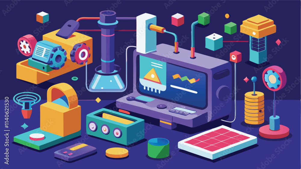 Poster vector illustration showcasing a 3d printer in a creative workspace with colorful tools and material