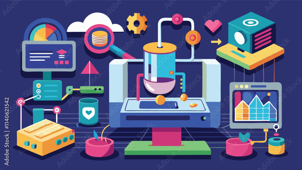 Poster Vector illustration showcasing a 3D printer in a creative workspace with colorful tools and materials highlighting the art of modern design and technology