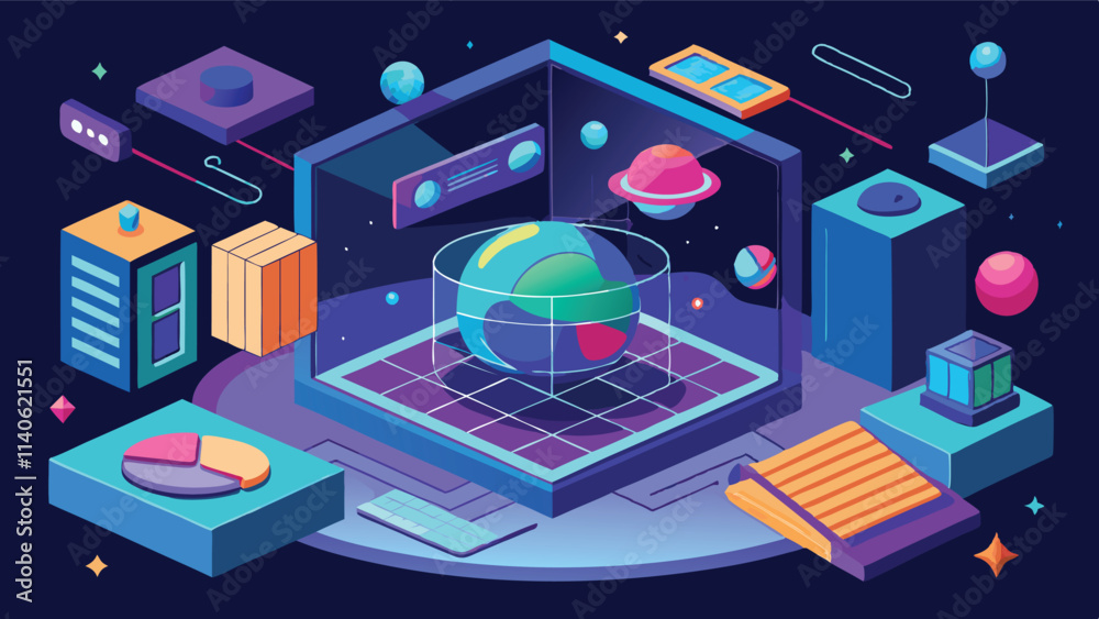 Fototapete 3D vector illustration depicting an abstract technology environment with geometric shapes and digital elements in a futuristic design style