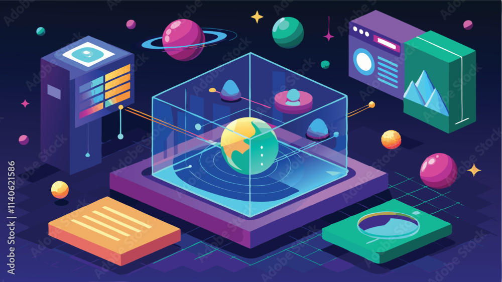 Poster 3D vector illustration depicting an abstract technology environment with geometric shapes and digital elements in a futuristic design style