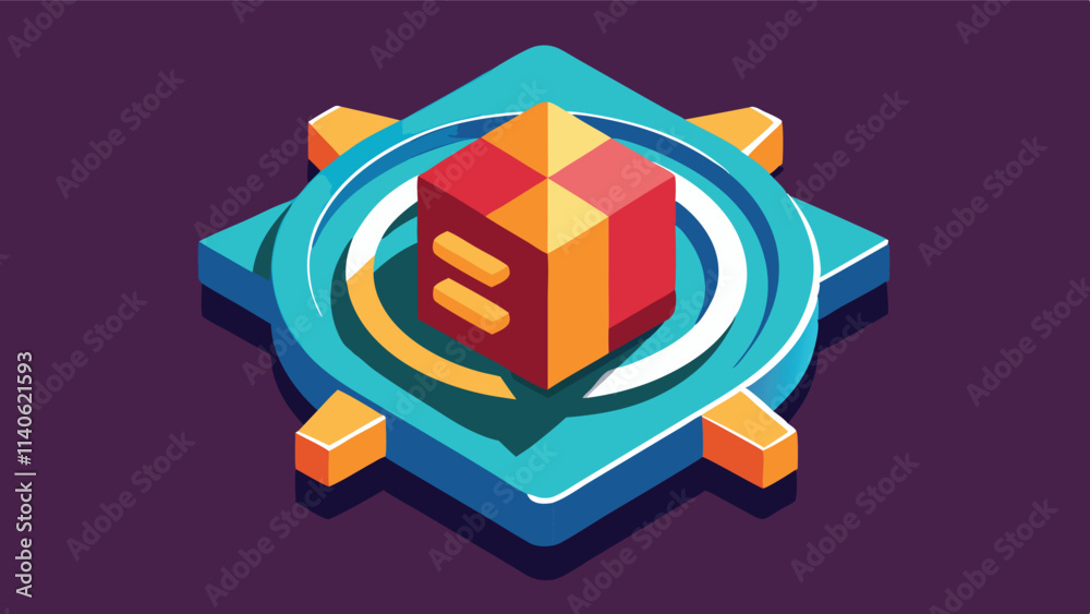 Leinwandbilder Geometric vector design featuring a colorful cube surrounded by a circular frame on a dark background, emphasizing modern abstract art