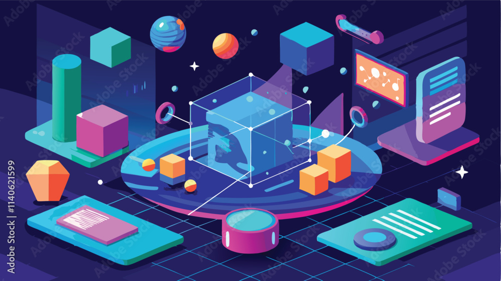 Poster 3D vector illustration depicting an abstract technology environment with geometric shapes and digital elements in a futuristic design style