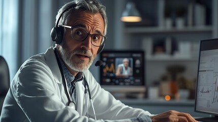 Obraz premium A senior doctor with a caring expression, wearing a headset and interacting with a patient on a video call, modern office setup with medical tools and charts in the background,