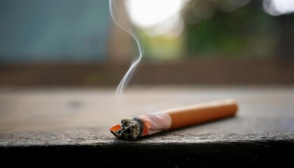 Close-up of a Smoldering Cigarette with Ash and Rising Smoke on a Wooden Surface, Highlighting Tobacco Addiction, Smoking Hazards, and Environmental Concerns. Concept of Health Risks and Pollution