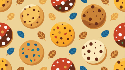 Colorful vector pattern featuring cookies and leaves in a playful arrangement suitable for baking themed designs and backgrounds