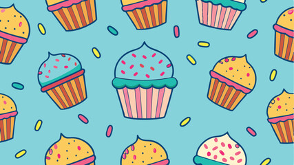 Colorful vector design featuring playful cupcakes with swirls, sprinkles, and party hats on a bright blue background for festive celebrations