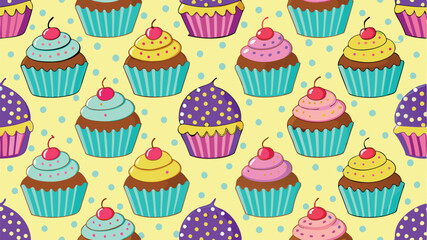 Colorful vector design featuring playful cupcakes with swirls, sprinkles, and party hats on a bright blue background for festive celebrations