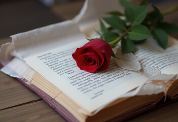 Open book with a single red rose resting on its pages.