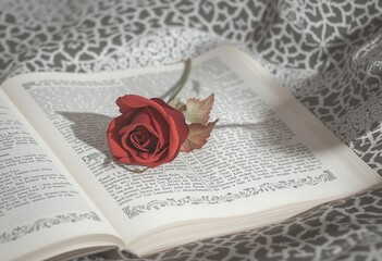 Close-up of a red rose resting on an open book.