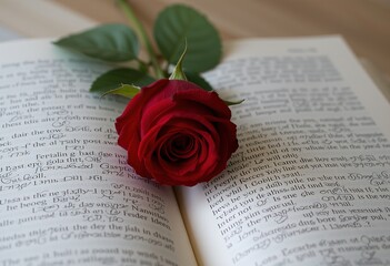 Close-up of a red rose resting on an open book.