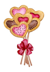 Bouquet of sugar cookies in the shape of hearts on sticks, tied with a ribbon. Sweet dessert for Valentine's Day, Birthday. Watercolor illustration isolated on transparent background.