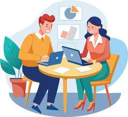 Partners meeting for business discussion with documents and laptop on desk. Couple at round table, speaking, discussing work, partnership. Flat vector on a white background