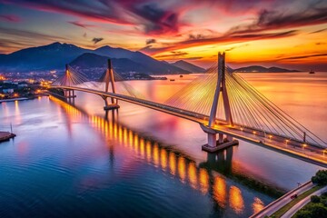 Obraz premium Patra Bridge Summer Drone View - Long Exposure Photography, Aerial View, Greece, Summer Landscape, River, Bridge, Sunset, Golden Hour, Travel Photography