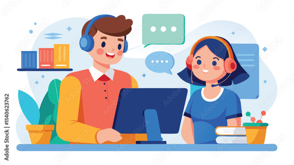 Poster conversation between two professionals in a modern office, showcasing teamwork and communication wit