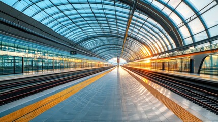Obraz premium A high-speed train station with curved steel beams and glass canopies, designed for seamless traveler flow and aesthetic appeal