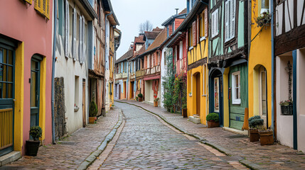 Fototapeta premium Charming, historic European street cobblestone road colorful buildings quaint peaceful atmosphere