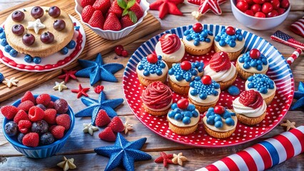 Patriotic Food Photography: Red, White, and Blue Dessert Platter, 4th of July Treats, Festive Baking, American Flag Cake