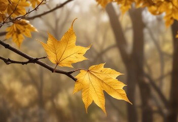 Obraz premium A lone golden leaf on a dry branch against a soft autumn background , autumnal, woodland