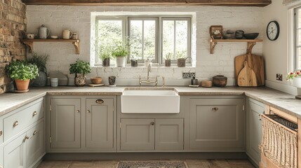 Charming rustic kitchen with wooden cabinets, farmhouse sink, and potted herbs adding a touch of nature through a bright window view.