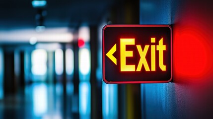Red glowing exit sign with blurred industrial hallway background. Emergency and safety concept