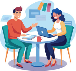 Partners meeting for business discussion with documents and laptop on desk. Couple at round table, speaking, discussing work, partnership. Flat vector on a white background