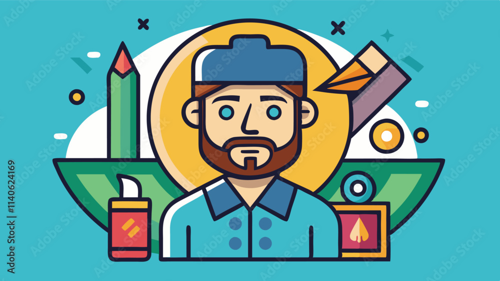 Poster vector illustration of a cheerful man with a beard wearing a red cap and colorful shirt against a bl