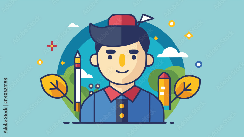 Poster vector illustration of a cheerful man with a beard wearing a red cap and colorful shirt against a bl