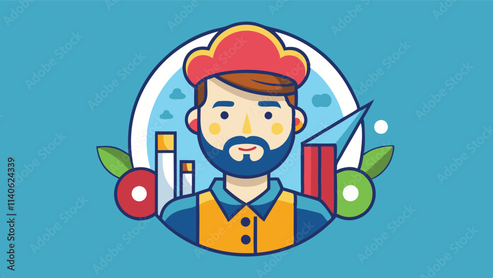 Aufkleber vector illustration of a cheerful man with a beard wearing a red cap and colorful shirt against a bl