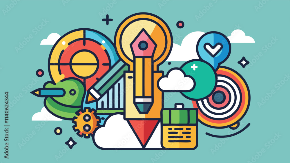 Poster creative brainstorming in a colorful vector illustration featuring a light bulb, pencil, chart, and 