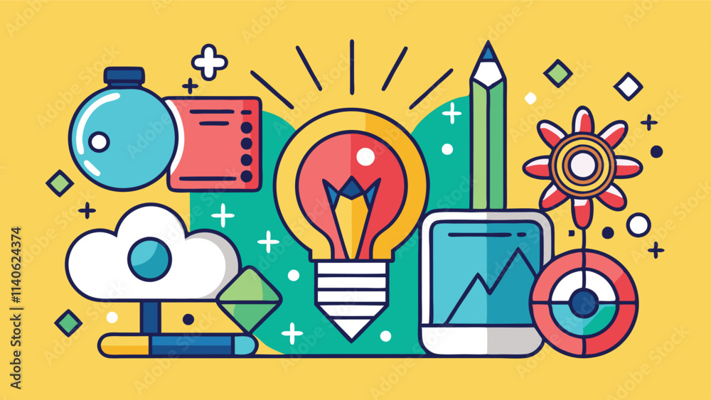 Poster creative brainstorming in a colorful vector illustration featuring a light bulb, pencil, chart, and 