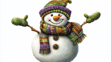 A cheerful snowman illustration with rich impasto texture, colorful patterns in shades of deep purple and lime green, wearing a playful multicolored hat and scarf, big coal buttons and stick arms, iso
