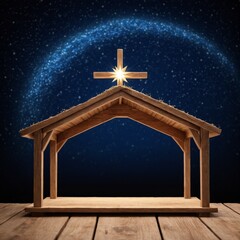 Wooden Stable at Dark Blue Starry Night, Jesus Christ Birth Concept with Copy Space
