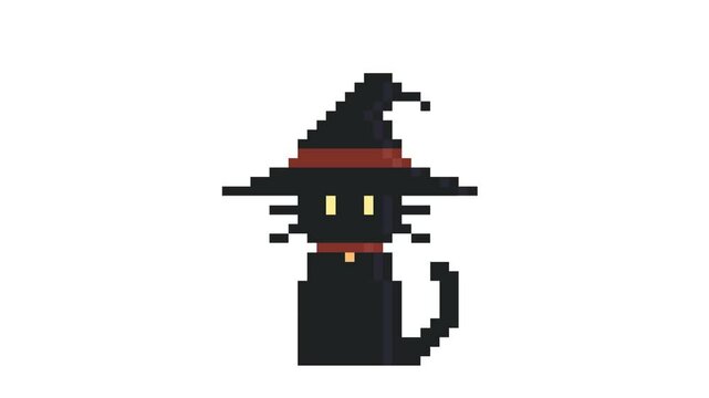 Black cat with witch hat pixel art animation